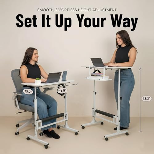Image of Small Rolling Desk with Wheels, Adjustable Height 27 inch-43.3 inch Portable Standing Desk, 31.5 inchx15.7 inch Tabletop, Mobile Laptop Computer Table for Home Office Workstation, White