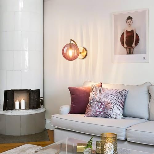 Image of Modern Red Glass Wall Sconces Indoor Nordic Striped Mini Wall Lamp Gold Finish Wall Light for Living Room Bedroom Bedside Hallway (1Pack)