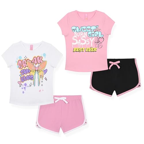 Image of Dreamstar Girls 4 Piece Outfit Set - Sleeveless Graphic Top with Dolphin Shorts, Cute Summer Matching Set for Kids and Tweens