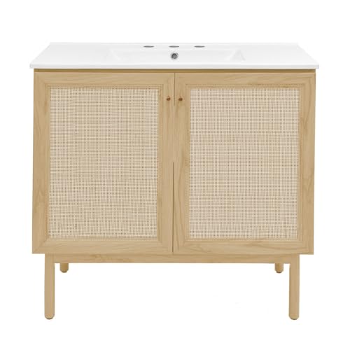 Image of Swiss Madison Classe 36 inch Freestanding Bathroom Vanity in Natural Oak with 3-Hole Widespread Sink Top