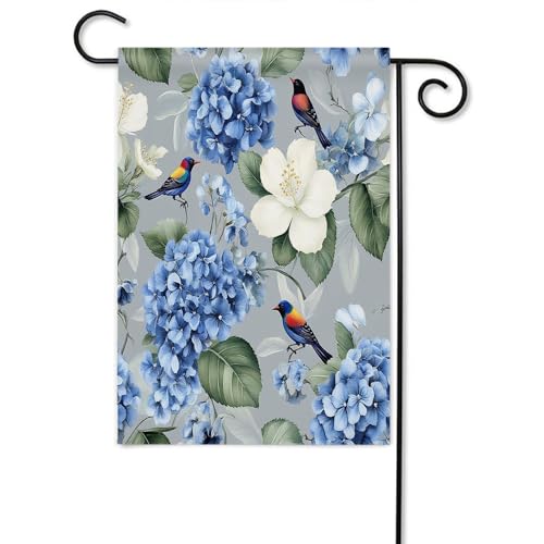 Moslion Floral Garden Flag Spring Plant Flowers Hydrangea Hibiscus Iris Bird Leaf Flags Double-Sided Banner Welcome Yard Flag Outdoor Home Decor. Lawn Villa 12x18 Inch Blue Green