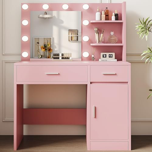 LIVELYGLOW Lighted Makeup Vanity Desk, 35.4“W x 15.7'”D x 54“H, Pink (with Lights and Mirror,...