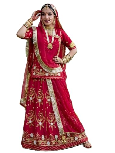 Image of Heavy Embroidery Work Semi Stitched Shimmer Silk Rajputi Poshak For Women Rajasthani Lehenga Choli