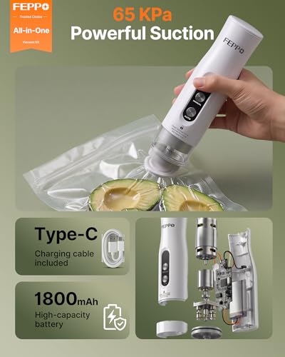 Image of FEPPO Compact Vacuum Sealer for Food (Vacuum Sealer Machine + 3 Containers + 10 Reusable Bags), Anti-Overflow Powerful Portable Handheld Food Sealer, Auto & Manual Modes, Travel Lock, Easy-Clean