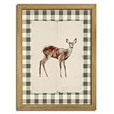Wood Framed Deer Wall Art Print, Woodland Baby Deer Canvas Poster Wall Decor, Vintage Rustic Green Gingham Farmhouse Animal Picture for Living Room Kitchen Bedroom Nursery Decor, 8x10 inch