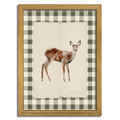 Image of Wood Framed Deer Wall Art Print, Woodland Baby Deer Canvas Poster Wall Decor, Vintage Rustic Green Gingham Farmhouse Animal Picture for Living Room Kitchen Bedroom Nursery Decor, 8x10 inch