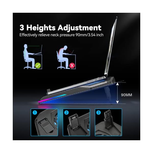 TECKNET Laptop Cooling Pad,RGB Laptop Cooler With 5 Quiet Fans,Gaming Laptop Cooling Stand with Touch Button and 2 USB Ports,3 Height Adjustable Laptop Fan fits 12"-19" Notebooks - Image 5