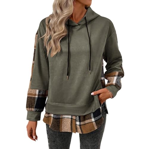 Hoodies for Women Patchwork Plaid Drawstring Hooded Sweatshirts Oversized Long SLeeve Loose Casual Fall Tops 2025