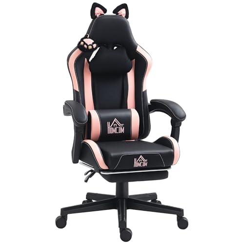 Sedia Gaming Ergonomica con Orecchie da Gatto, Poltrona Gaming Ufficio Reclinabile in Finta Pelle con Poggiapiedi, Poggiatesta e Altezza Regolabile, Supporto Lombare e Cervicale, Nero