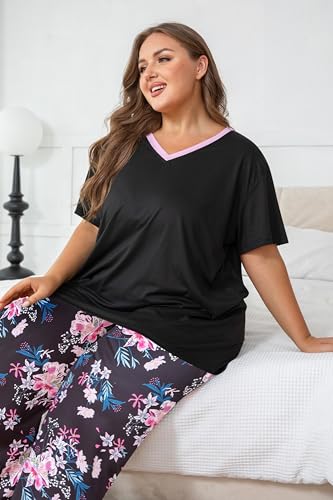 Image of Vozanet Women's Pajama Sets Short Sleeve with Long Pant Soft Sleepwear Printed pj Loungewear With TWO Pockets Size 1X to 5X