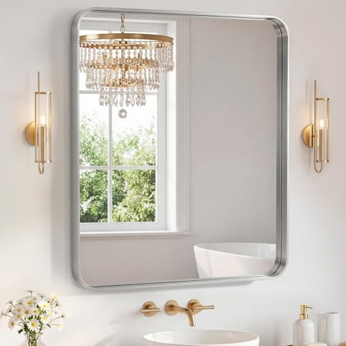 Image of Sweetcrispy Bathroom Mirror 40x36 Inch Metal Framed Rounded Rectangle Vanity Mirror for Wall, Over Sink, Farmhouse, Restroom, Anti-Rust, Modern Decorative, Horizontal or Vertical Hanging, Silver