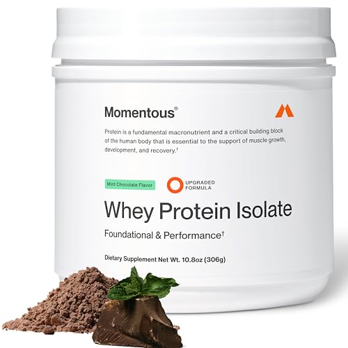 Image of Momentous Essential Grass-Fed Whey Protein Powder - 20 g Whey Isolate Protein - NSF Certified for Sport - Gluten-Free - 12 Servings for Essential Everyday Use - Mint Chocolate - Package May Vary