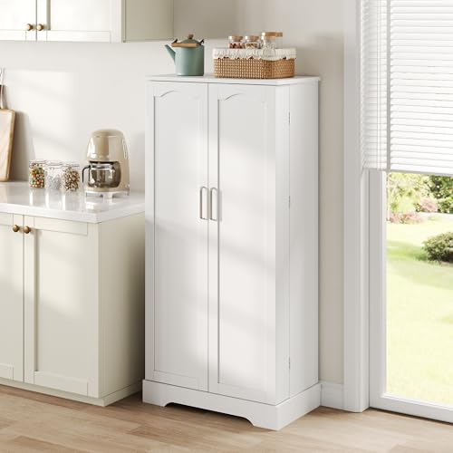 60 × 35 × 128 cm, color blanco, armario de cocina multifuncional con lámpara de sensor LED, estantes ajustables en altura, puerta doble con compartimento de almacenamiento, dispositivo de protección