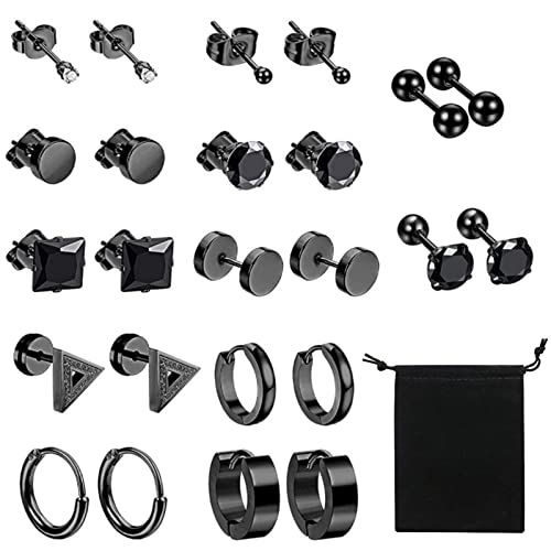 12 Pares Pendientes Hombre Pendientes Negros Piercing Ear Bisel Redondo Cool Stud Pendiente Hombre de Perforación para Hombres Pendientes Hombre Acero Inoxidable Para Hombres Mujeres Plata Negro