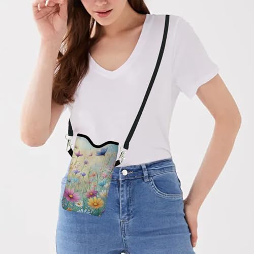 Image of Neoprene Cell Phone Sleeve Pouch Case Bag with Crossbody Strap Neck Lanyard for Women 7.1 X 3.9 in Colorful Flowers