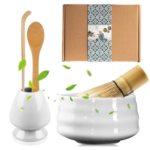 Accessoire Thé Matcha Kit Matcha Complet - Bol Bec Verseur + Fouet Bambou + Cuillère - Céramique Blanche - 5 Pièces Cadeau Thé Bol Céramique Bec Verseur