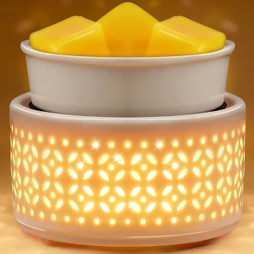 Ceramic Wax Melt Warmer with 7-Color Light – Electric Candle Warmer for Scented Melts, PTC Heating Oil Burner for Home, Office, Gift & Decor White Flower