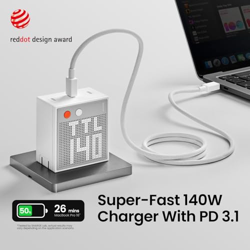 Image of SHARGE Pixel 140 Laptop Charger 140W USB C GaN Charger 3-Port with Smart Dot-Matrix Display PD3.1 Fast Charging for MacBook Pro, iPhone 16 and More