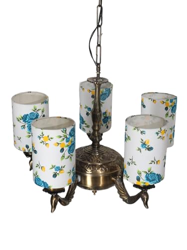 Image of Devansh 05-Light Round Printed Multicolor Cotton Shade Chandelier - Antique Golden Finish | Adjustable Cord | Warm Glow Lamp - Ceiling Light for Living Room, Dining Area, BedroomDecor - D11