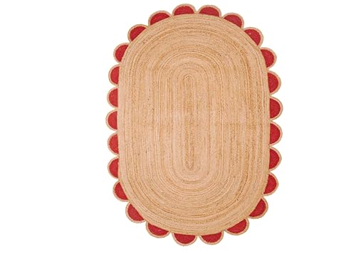 Scalloped Oval Jute Area Rug Scallop Jute Rug for Farmhouse, Bedroom, Living Room, Dining Room (Red Scalloped Jute Rug, 9x12 Feet Oval Rug (108x144 Inch)/(270x360 cm))