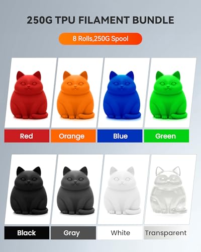 Image of TECBEARS TPU Filament 1.75mm, 95A 3D Printer Filament, Flexible TPU Filament for Fast Printing, 250G Spool, 8 Rolls, 2KG in Total, Black+White+Transparent+Grey+Red+Blue+Green+Orange