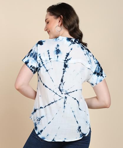 Image of Maaesa Women Handmade Regular Fit Tie-Dye Rayon Top | Casual Wear & Office Wear | Short Sleeve | Mandarin Neck | Lightweight & Breathable Fabric