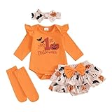 BeQeuewll Newborn Baby Girl Halloween Outfit Infant Dress 1st Letter Embroidery Romper+Tutu Shorts+Headband+Socks 4Pcs Set (Bats, 6-9 Months)