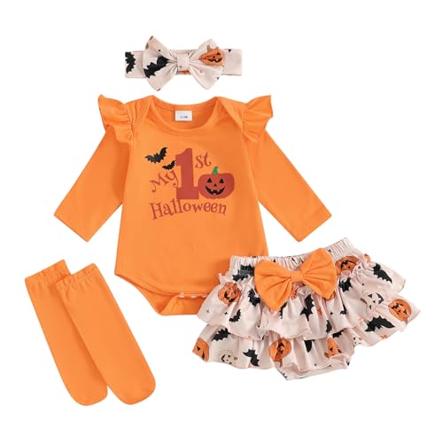 BeQeuewll Newborn Baby Girl Halloween Outfit Infant Dress 1st Letter Embroidery Romper+Tutu Shorts+Headband+Socks 4Pcs Set (Bats, 0-3 Months)
