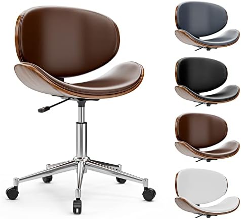 OKAKOPA Small Desk Chair Modern Office Chair 360° Swivel Height Adjustable Brown Leather Desk Chair Armless Chairs Ergonomic Curved Wood Home Office Chair (Brown with Wrap Edge)