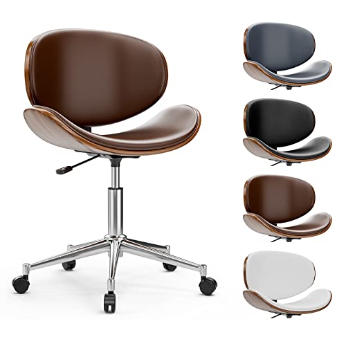 Okakopa Small Desk Chair Modern Office Chair 360° Swivel Height Adjustable Brown Leather Desk Chair Armless Chairs Ergonomic Curved Wood Home Office Chair (Brown With Wrap Edge) #TOP3