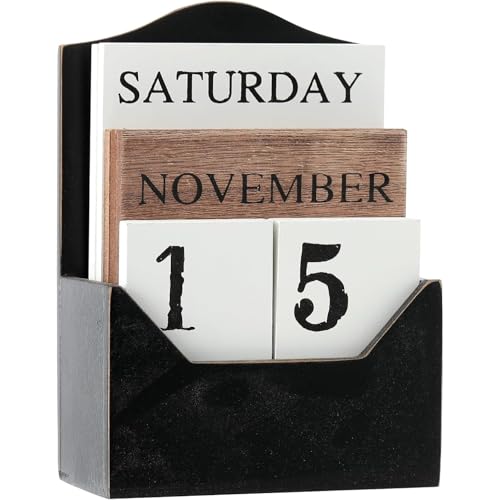 Perpetual Calendar Wooden Blocks Calendar for Home Valentines Day Gift Decor Office Decorations Desk Date Week Month Accessories (Black Calendar)