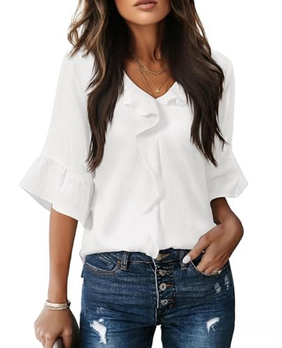 siliteelon White Blouse for Women Dressy Casual 3/4 Sleeve Ruffle Bell Tops Ladies Business Work Dress Shirt Spring Summer Trendy 2026 White L
