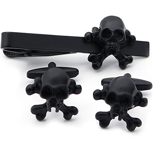 Cool Skull Cuff links & Tie Clip Set for Men, Black Skeleton Cufflinks & Necktie Bar Clips, Punk Stickpins & Cufflink Studs Button for Halloween Party, Unique Gothic Bone Clasp for Cosplay/Wedding - Love Forever Till Death