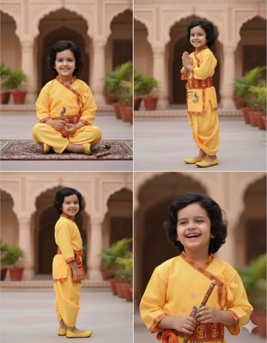 Image of BookMyCostume Cotton Shri Krishna Dress For Baby Boy|Print Krishna Costume For Kids With Patka|Janmashtami Photoshoot Outfit|Kanha Dress For Baby Boy|Fancy Dress Costumes For Kids|6-12 Months