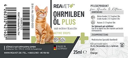 ReaVET Ohrmilbenöl Plus 25ml sofort wirksames Mittel für Katzen – gegen Ohrmilben mit Kamille für Katze, Sanfte Pflege bei Juckreiz im Ohr, Ohrentropfen Milben, Ohrenreiniger