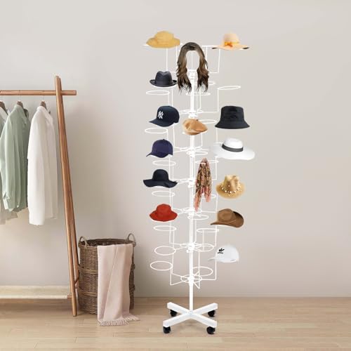 Freestanding Rotating Hat Display Rack Stand with 35 Hooks Hat, 7 Tiers Hat Holder Storage Organizer with Wheels, Floor Stand Display Holder Headwear Retail Store Black Hat Wig Cap Hanger Rack (White)