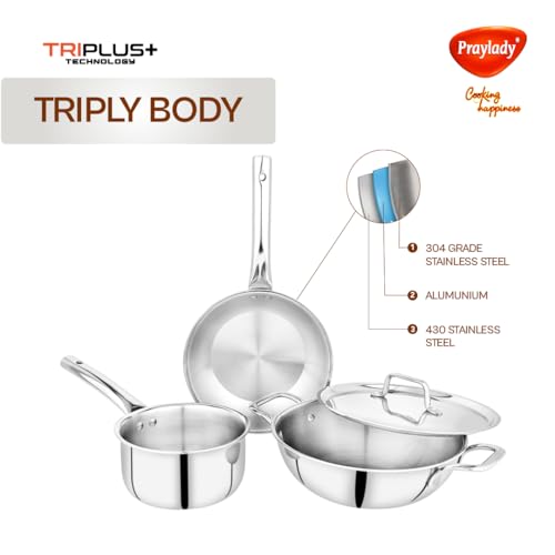 Image of Praylady TRIPLUS 4-Piece Triply Cookware Set | 24cm Kadai + 24cm Lid + 22cm Frypan + 16cm Saucepan | Triple-Layered Stainless Steel-Aluminum | Induction & Gas Compatible(4-Piece Triply Cookware Set)