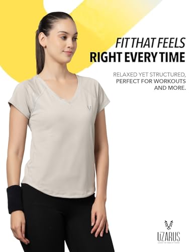 Image of UZARUS Women's V-Neck Regular Fit Gym T-Shirt Soft, Lightweight & Quick-Dry Fabric Activewear Top for Workout, Yoga, Running, Exercise, Casual