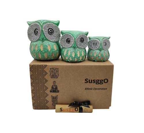 SusggO Lot de 3 hiboux décoratifs en bois, décoration, sculpté à la main, hibou porte-bonheur, idée artisanale, décoration de meuble (Vert)