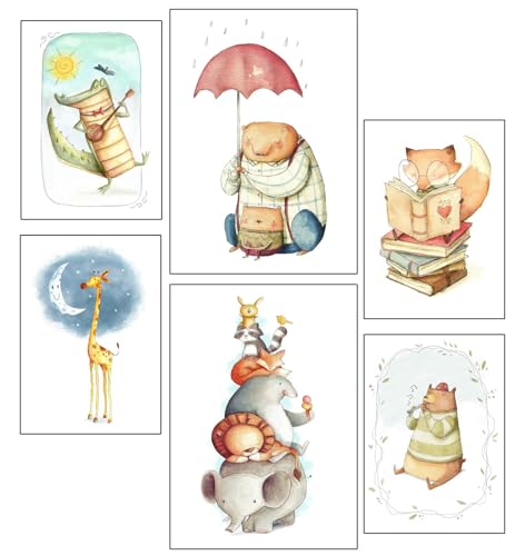 Set 6 láminas Decorativas Pared para Cuadros Decoración Salón Modernos, Dormitorios, Habitación, SIN Marco, Infantil, Dibujos, Animales, Peluches (2x A3 (41 x 29,7 cm) ; 4x A4 (29,7 x 21 cm))