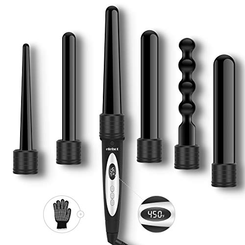 ELEHOT Curling Iron Curing Wand Set 6 in 1 Interchangeable Ceramic Tourmaline Hair Barrels and Temperature Display & Heat Settings with Protective Glove (White)