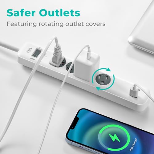 KMC Protector eléctrico con 4 tomas, 1 puerto USB-A y 1 puerto USB-C, protección contra sobretensiones de 840J, cable de extensión de 5 pies, enchufe plano de bajo perfil de 3 clavijas, blanco miniatura 4
