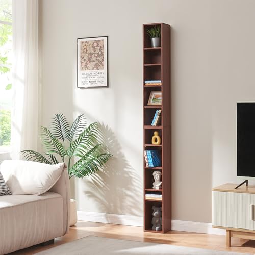 [en.casa] Estantería para CDs Tynset Soporte para DVDs Recuerdos Librería con 10 Compartimentos Estantes Ajustables en Altura Aglomerado 187 x 20 x 17 cm - Efecto Nogal