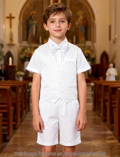 Image of A&J DESIGN Boys Short Suit Set 3 Pieces Kids Formal Gentleman Outfit, 4-11 Years, Shirt + Vest + Shorts + Bow Tie