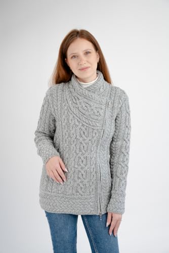 Image of SAOL Irish Cardigan for Women Made of 100% Merino Wool Ireland Sweater Cable Knit Zip Jacket