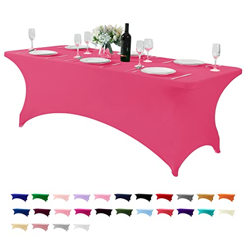 Mantel de elastano para mesa de 8 pies o 4 pies o 6 pies, mantel elástico ajustable universal para fiestas, banquetes, bodas y eventos, color rosa intenso