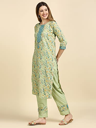 Image of anubhutee Women's Cotton Green Floral Printed Straight Kurta Suit Set With Pants