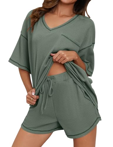 Image of Womens Pajama Sets Waffle Knit 2 Piece Short Lounge Set Cute Sleep Loungewear Pjs Set Short Sleeve Top and Shorts