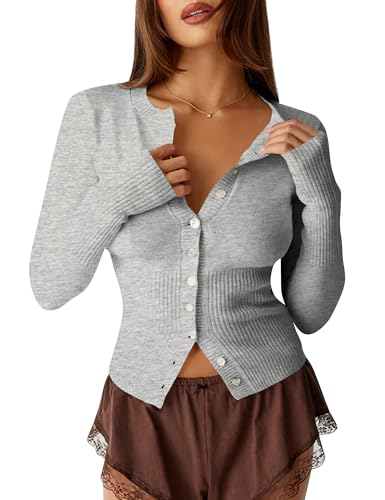 Image of BAIGRAM Women Open Front Button Cropped Cardigan Fall Lightweight Soft Knit Sweaters Long Sleeve Fitted Casual Tops