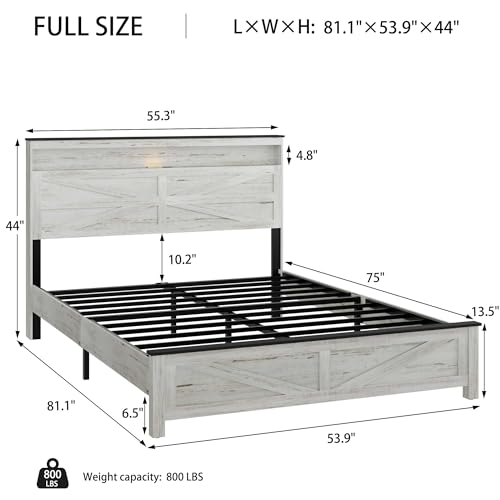 Image of Farmhouse Full Size Wooden Bed Frame with Headboard, Rustic Wood Bedframe with LED Lights and Charging Station, Easy Assembly, No Box Spring Needed (Full, White)